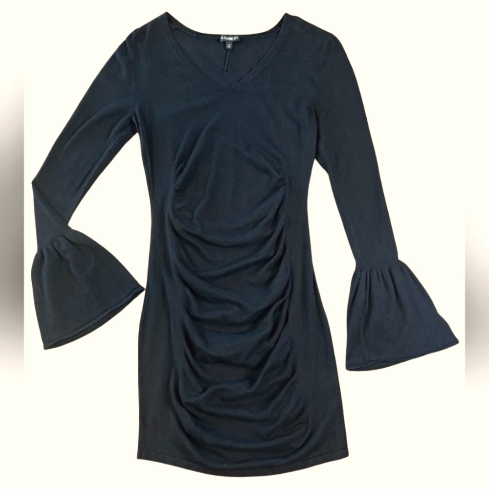 Express V-Neck Bell Sleeve Ruched Sweater Midi Dress Black Women's Medium